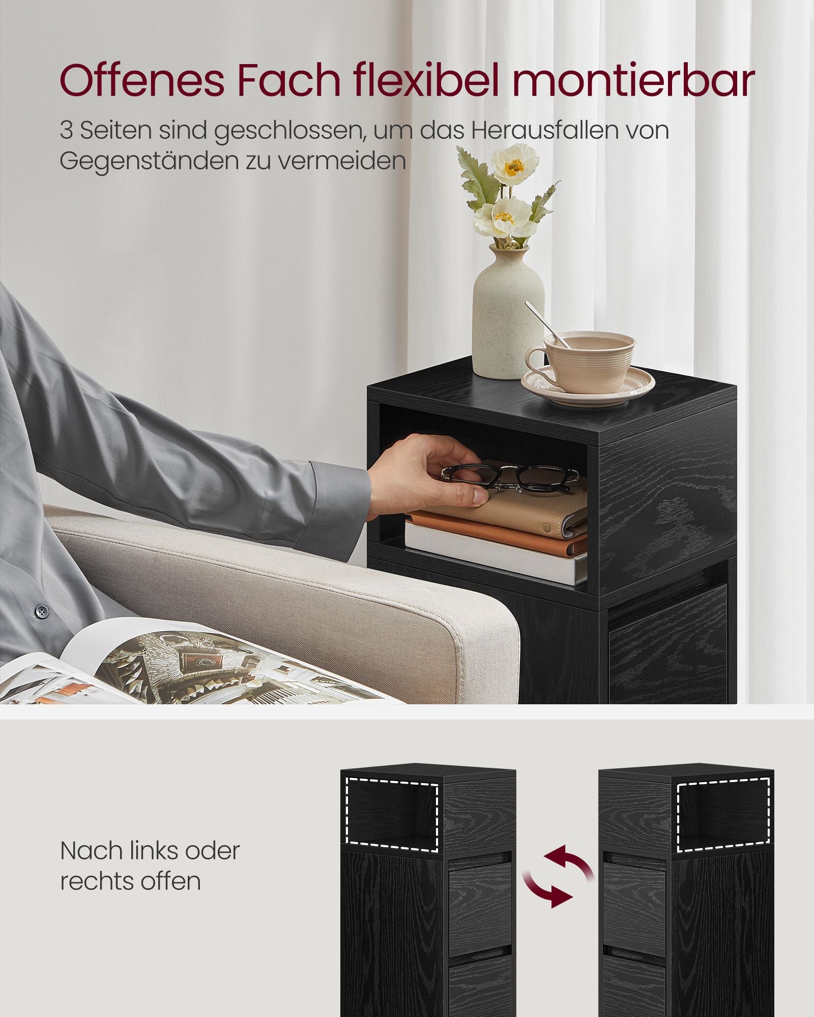 Smal sängbord på 2 med lådor i ebenholts svart