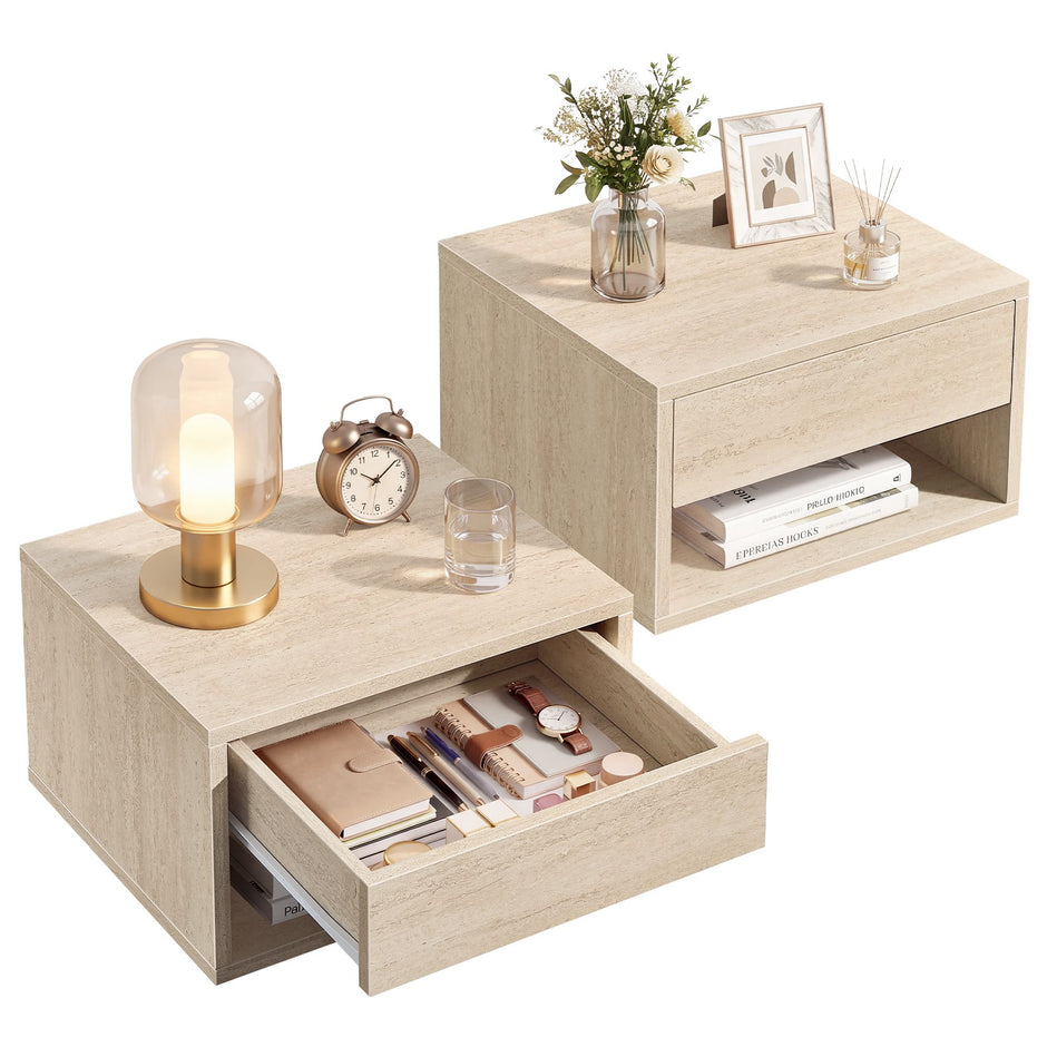 Zwevende Nachtkastjes – Set van 2 – Met Lade – Wandmontage – Travertijnbeige