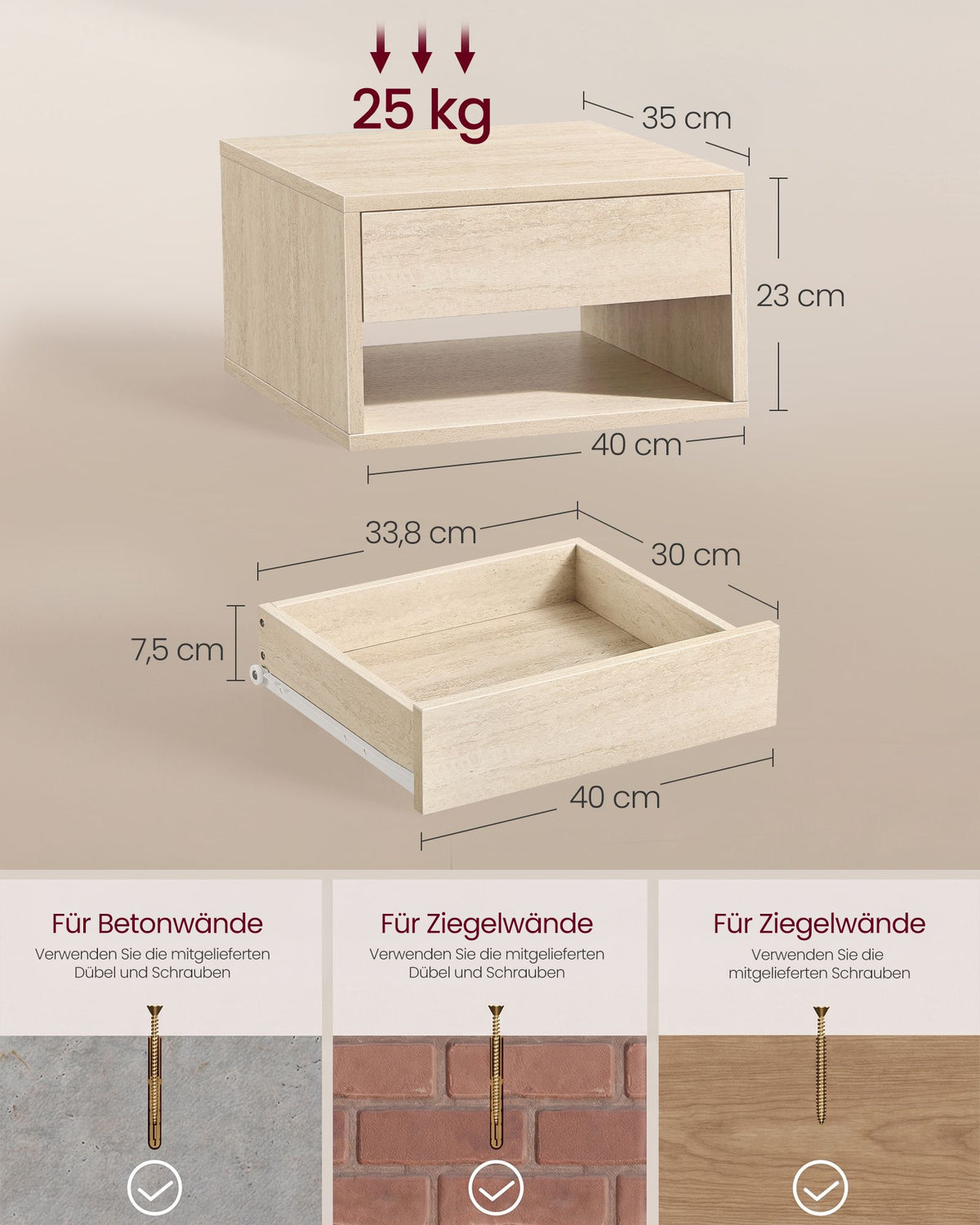 Zwevende Nachtkastjes – Set van 2 – Met Lade – Wandmontage – Travertijnbeige