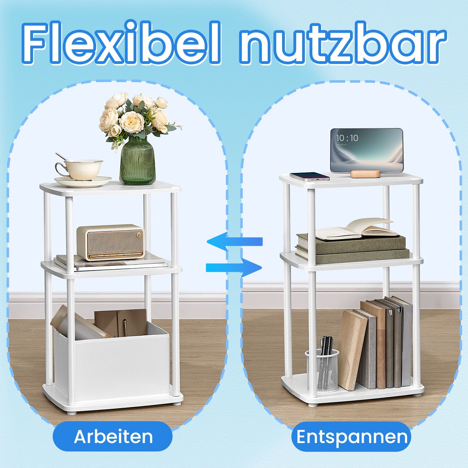 Sidobord med 3 hyllor - 30 x 34 x 58 cm, snövit