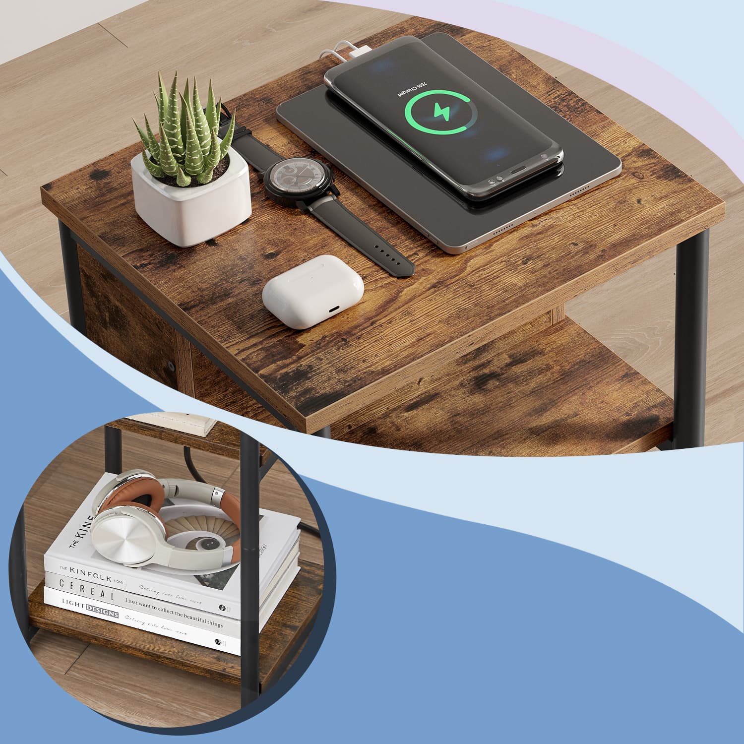 Sidobord, litet sängbord med uttag, smalt