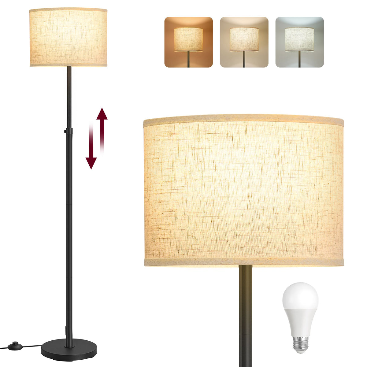 Vloerlamp – In Hoogte Verstelbaar 140-170 cm – 3 Lichtkleuren – Voetschakelaar – Stoffen Kap – Inktzwart