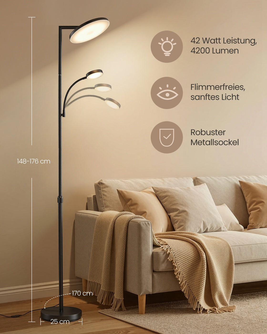 Vloerlamp - 25 x 25 x (148-176) cm - dimbare LED-uplighter - matzwart - 5,8 kg