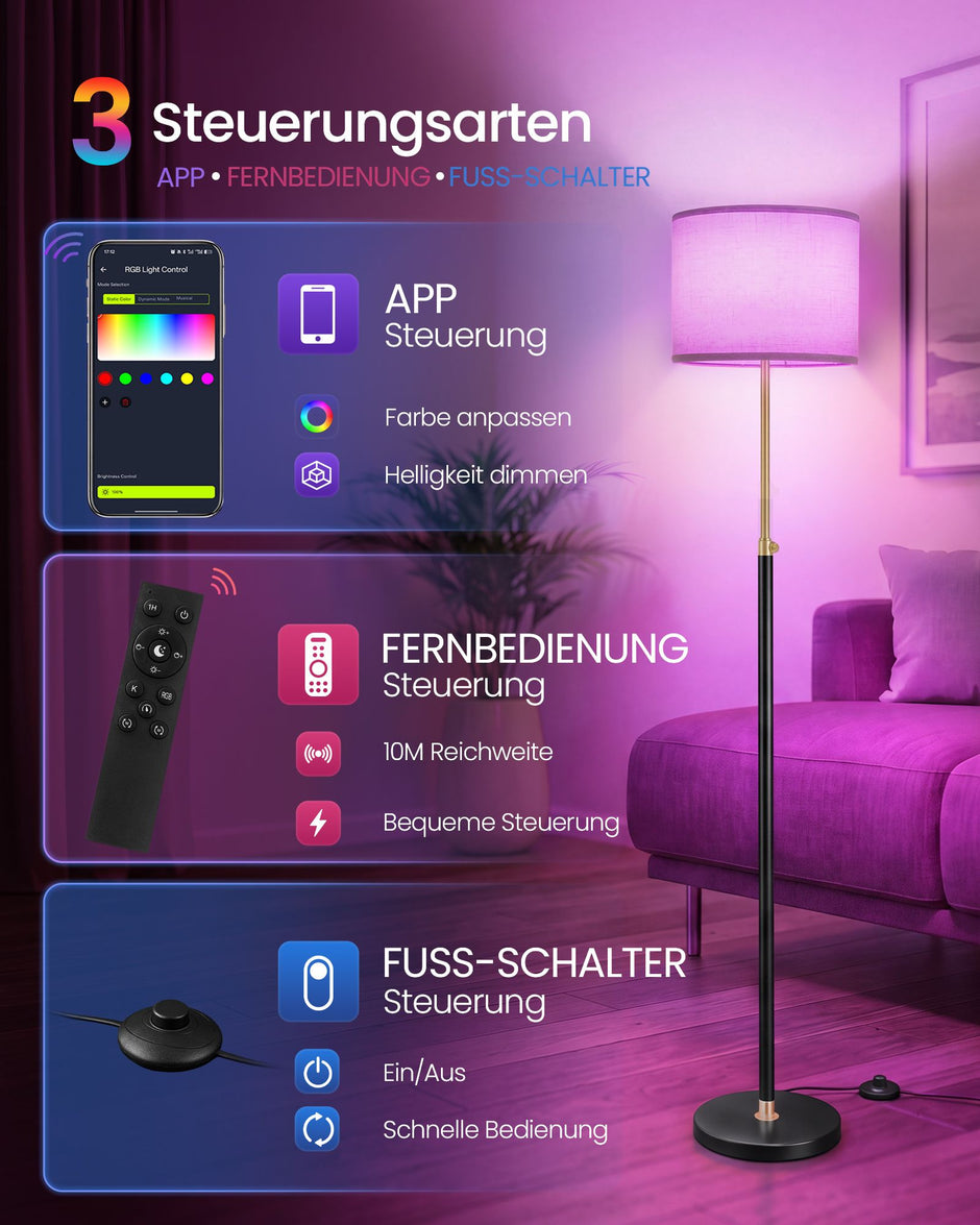 Staande Lamp – RGB LED – App-bediening en Muziekmodus – 140-170 cm – Goud en Zwart