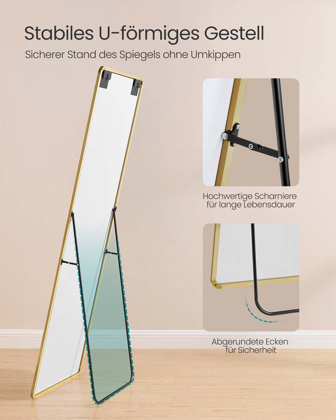 Rektangulär hellängdsspegel – 160 x 50 cm – Ljusguld