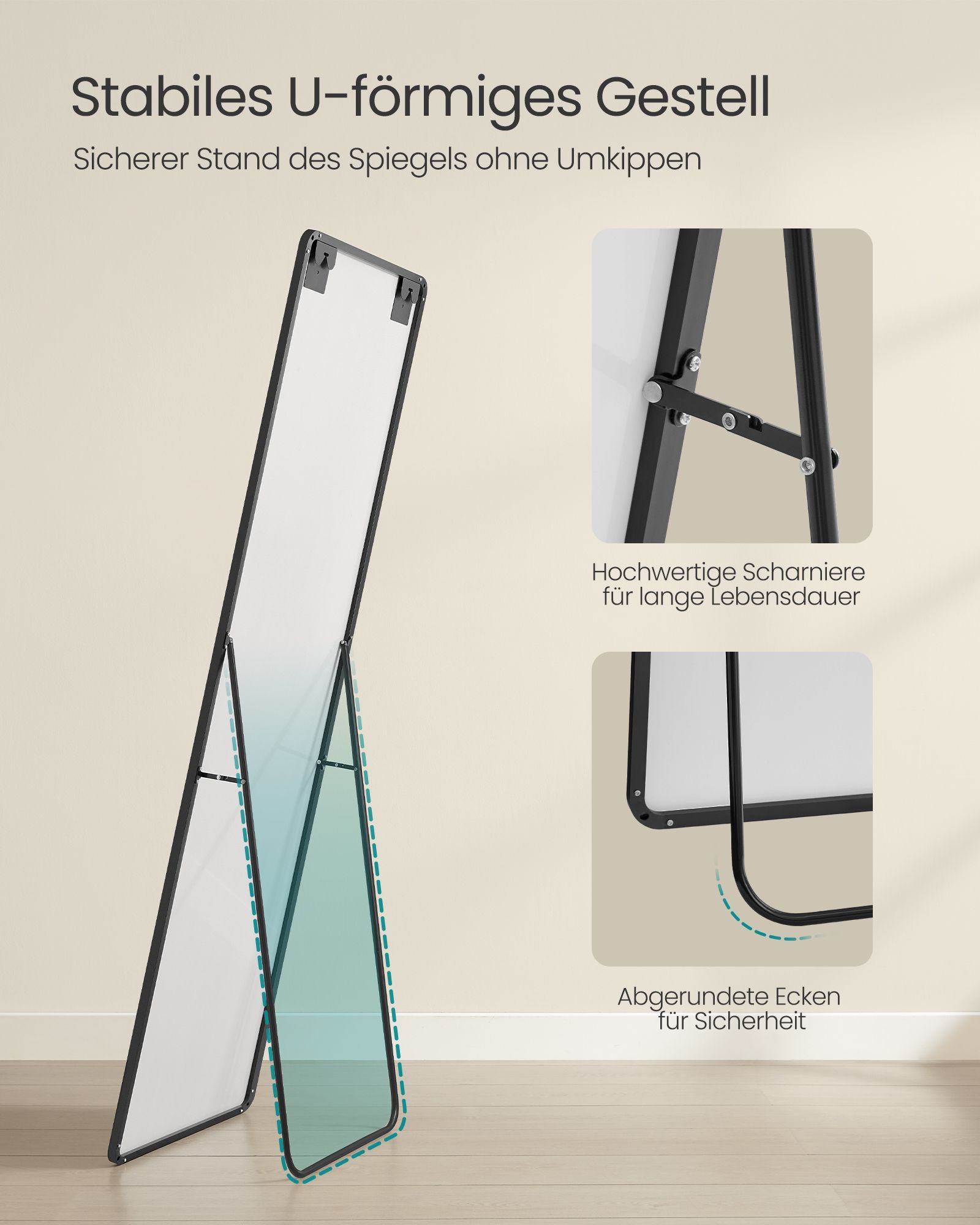 Hellängdsspegel – Rektangulär – Härdat glas – Bläcksvart