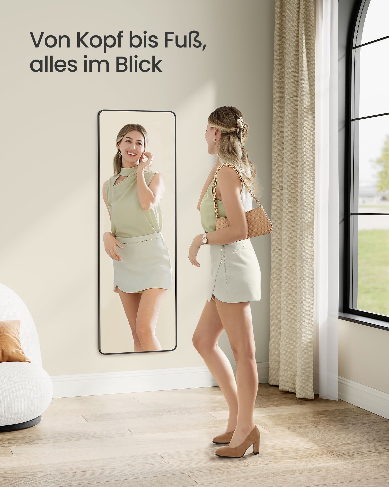 Hellängdsspegel – Rektangulär – Härdat glas – Bläcksvart