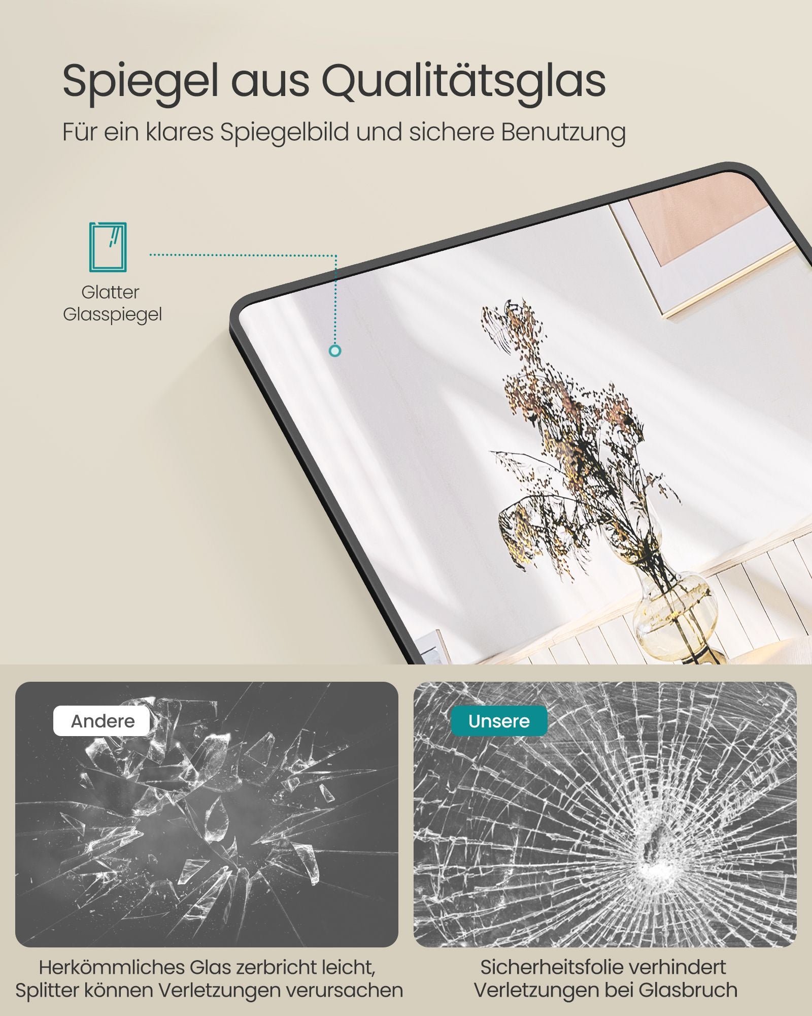 Hellängdsspegel – Rektangulär – Härdat glas – Bläcksvart
