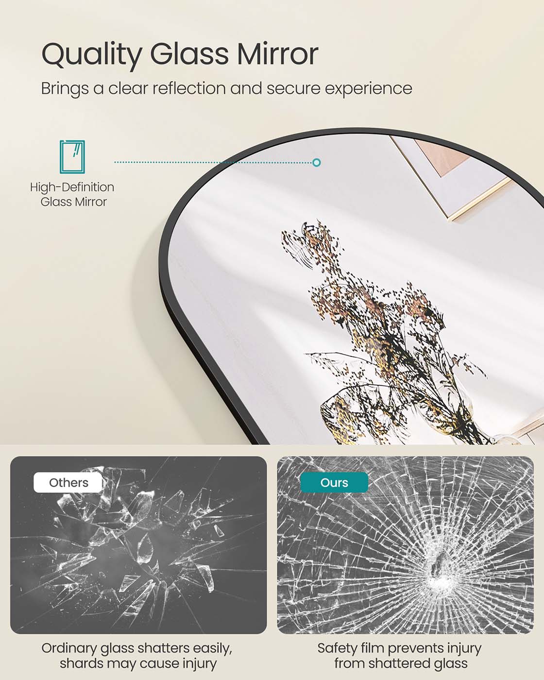 Böjd spegel i full storlek 150 x 40 cm bläck -svart