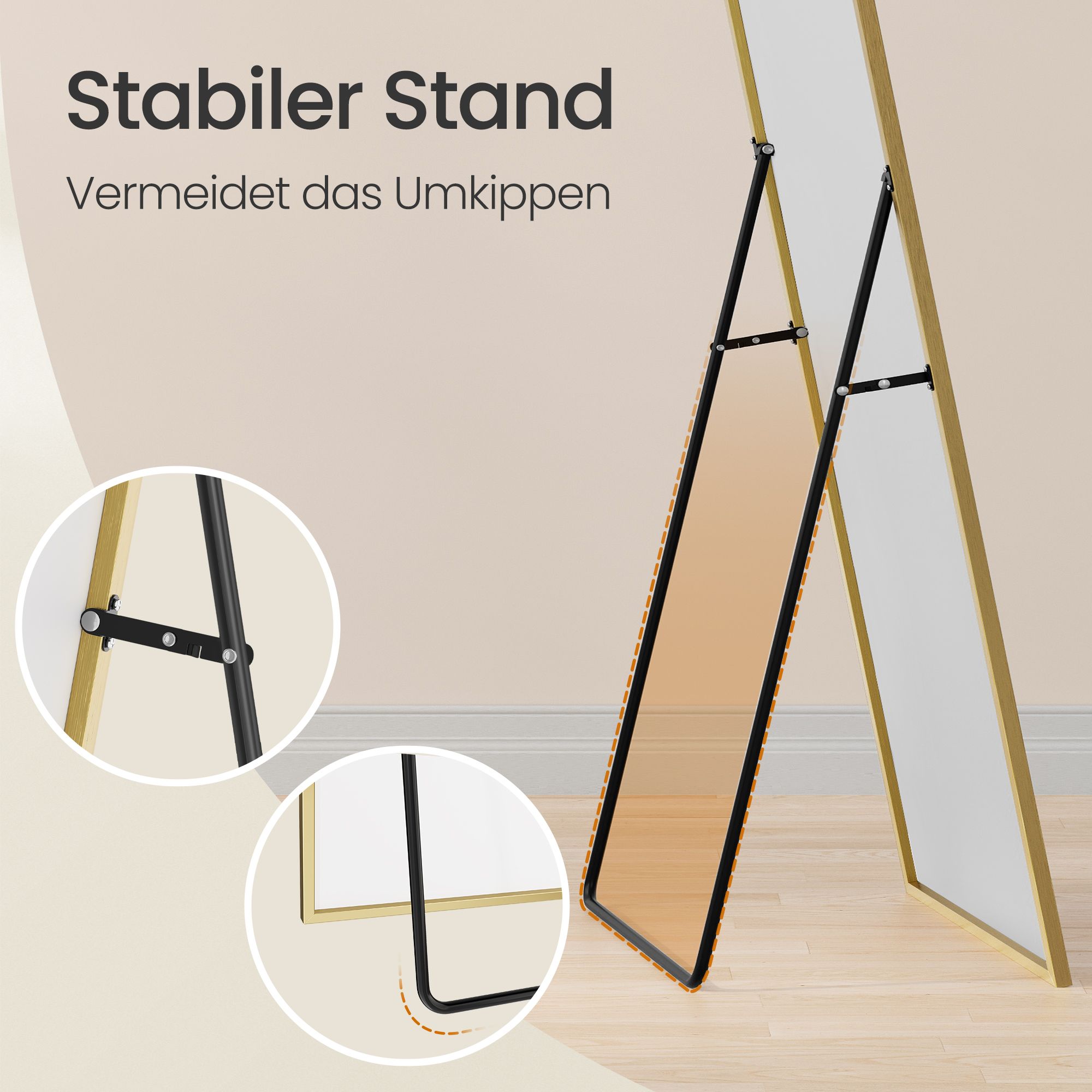 Staande spiegel - 160 x 50 cm - onbreekbaar - gouden aluminium frame - 6,9 kg