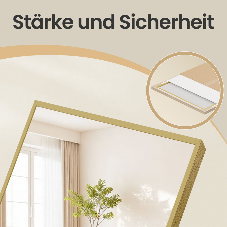 Staande spiegel - 160 x 50 cm - onbreekbaar - gouden aluminium frame - 6,9 kg