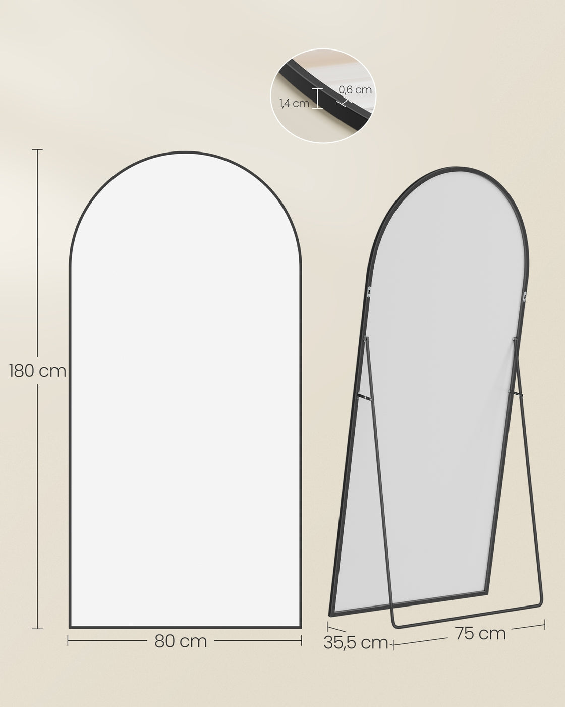 Spiegel - 180 x 80 cm - gebogen - mat zwart - 11,6 kg