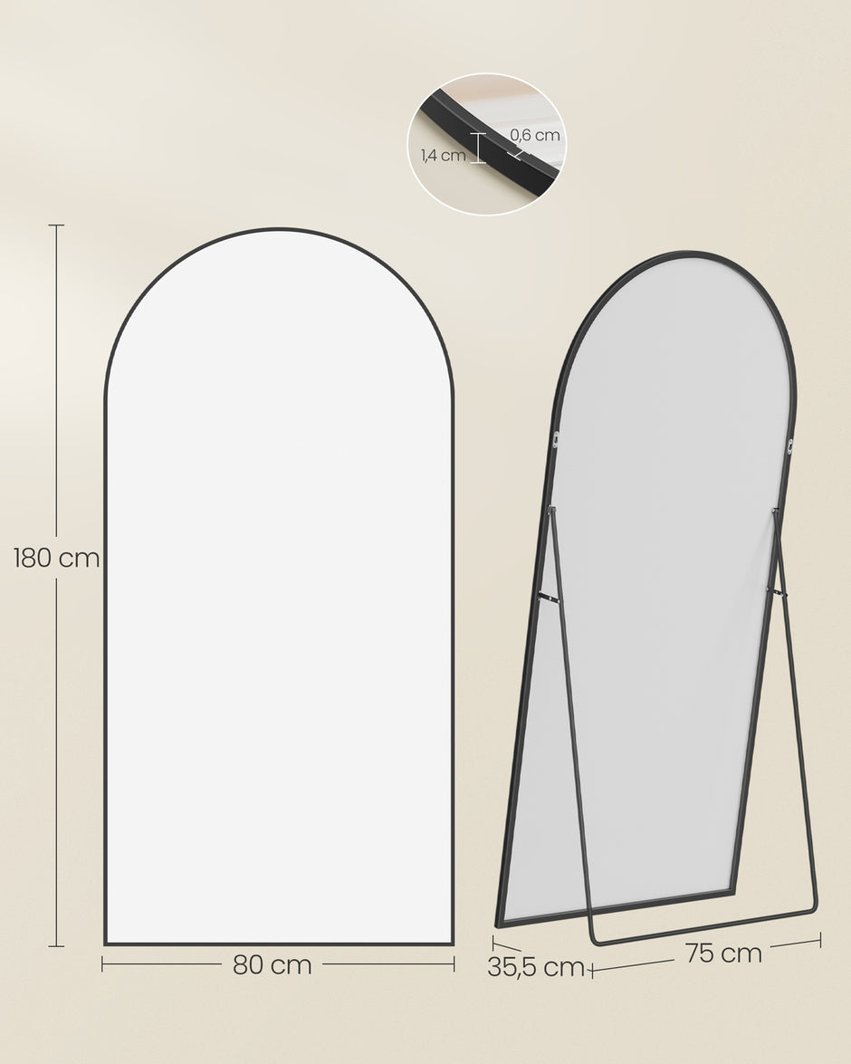 Spiegel - 180 x 80 cm - gebogen - mat zwart - 11,6 kg