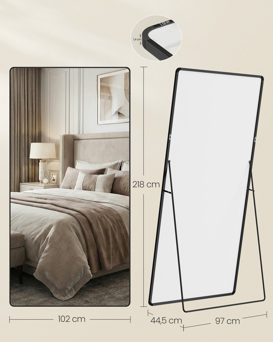 Standaard spiegel - 218 x 102 cm - Matzwart - Gehard glas - Aluminiumlegering - 18,5 kg
