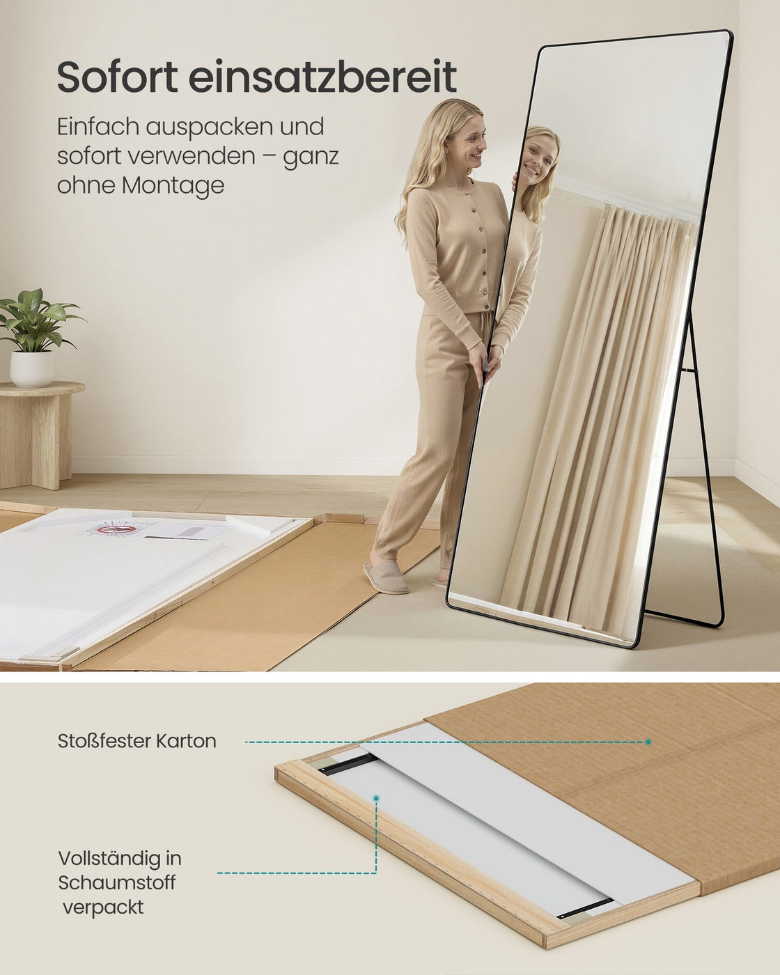 Standaard spiegel - 218 x 102 cm - Matzwart - Gehard glas - Aluminiumlegering - 18,5 kg