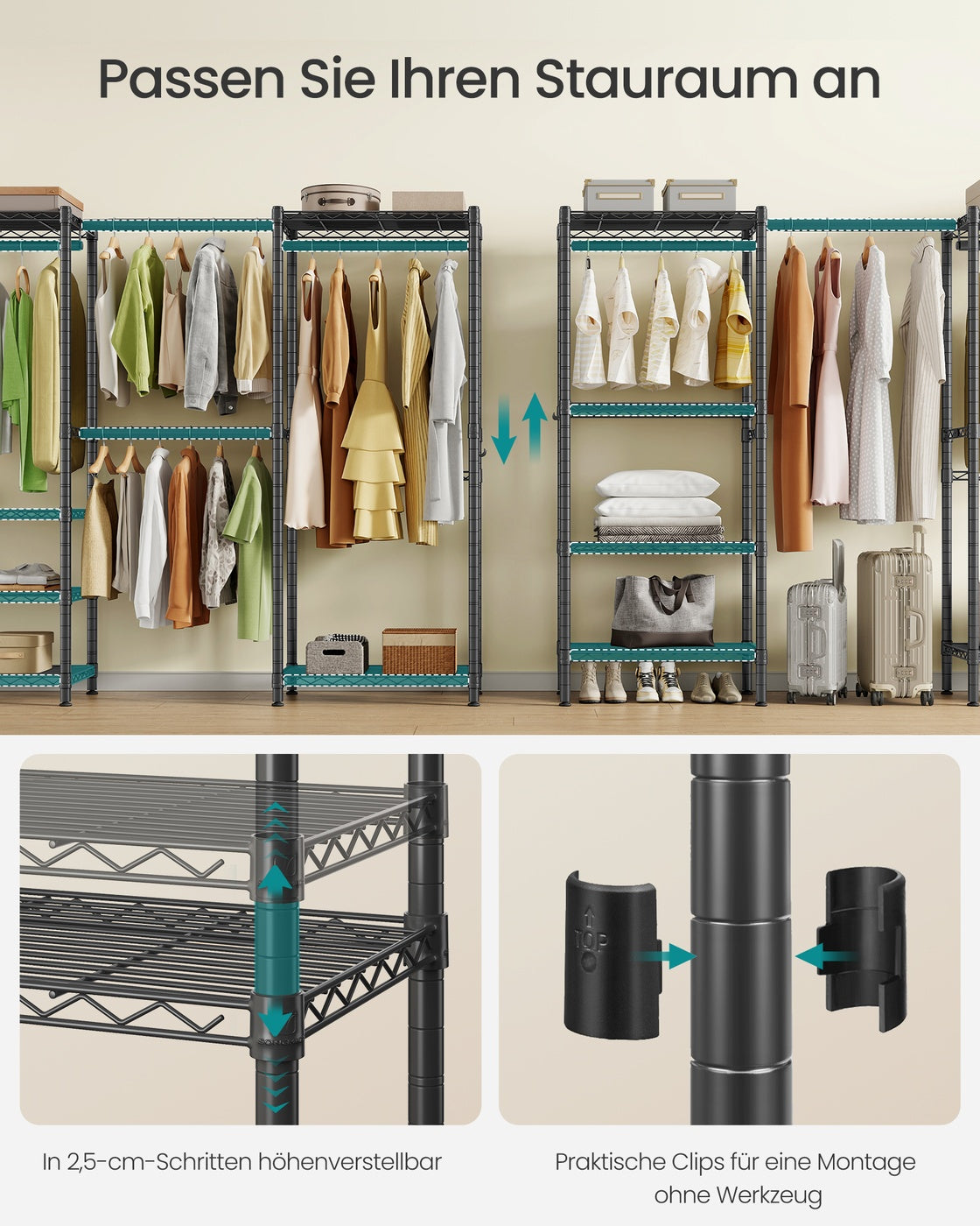 Kledingrek - 40 x (177-220) x 193 cm - Diepzwart - Staal - Maximale capaciteit 432 kg