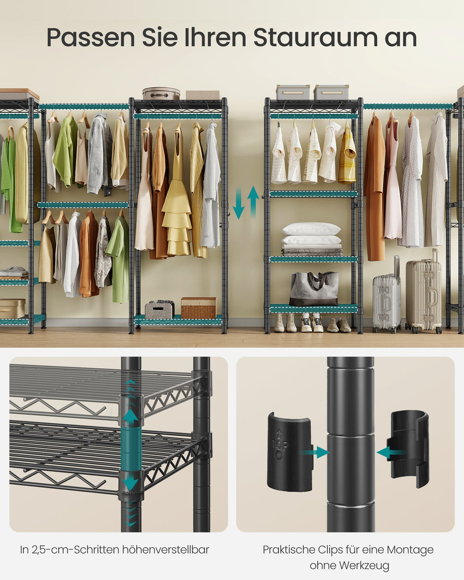 Kledingrek - 40 x (177-220) x 193 cm - Diepzwart - Staal - Maximale capaciteit 432 kg