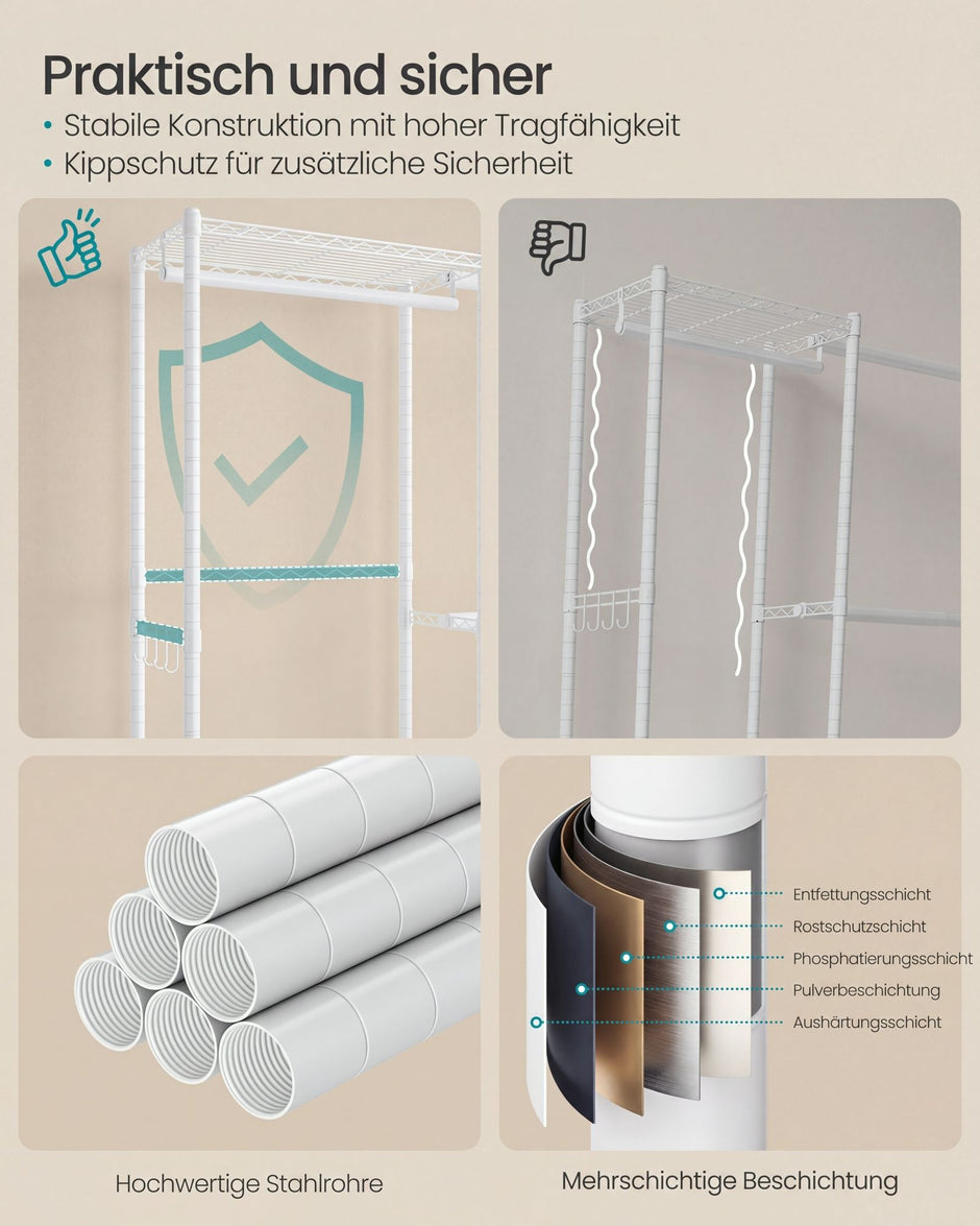 Open Kledingkast – Metaal – 4 Hangstangen en 6 Planken – 220 cm Breed – Wit