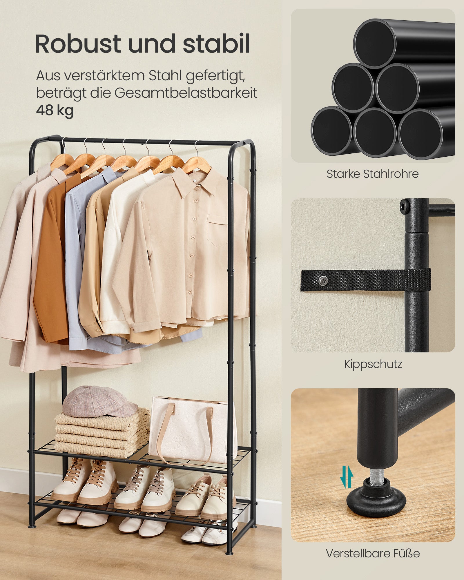 Klädställ med hyllor – Kompakt och robust – Mattsvart