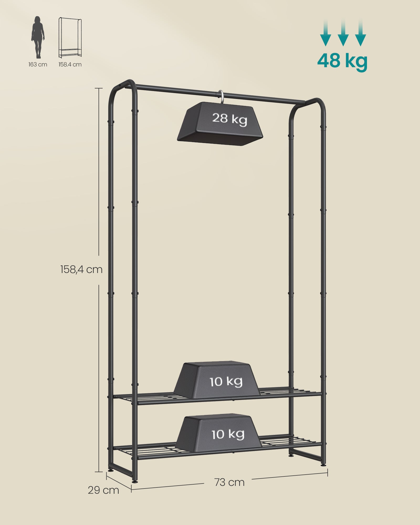 Klädstativ med hyllor - 29 x 73 x 158,4 cm - Matt Black - Compact