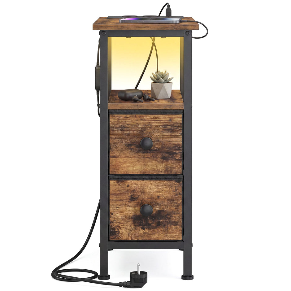 Bijzettafel - Ledverlichting - Met Stekkerdoos - 2 Lades - Bruin