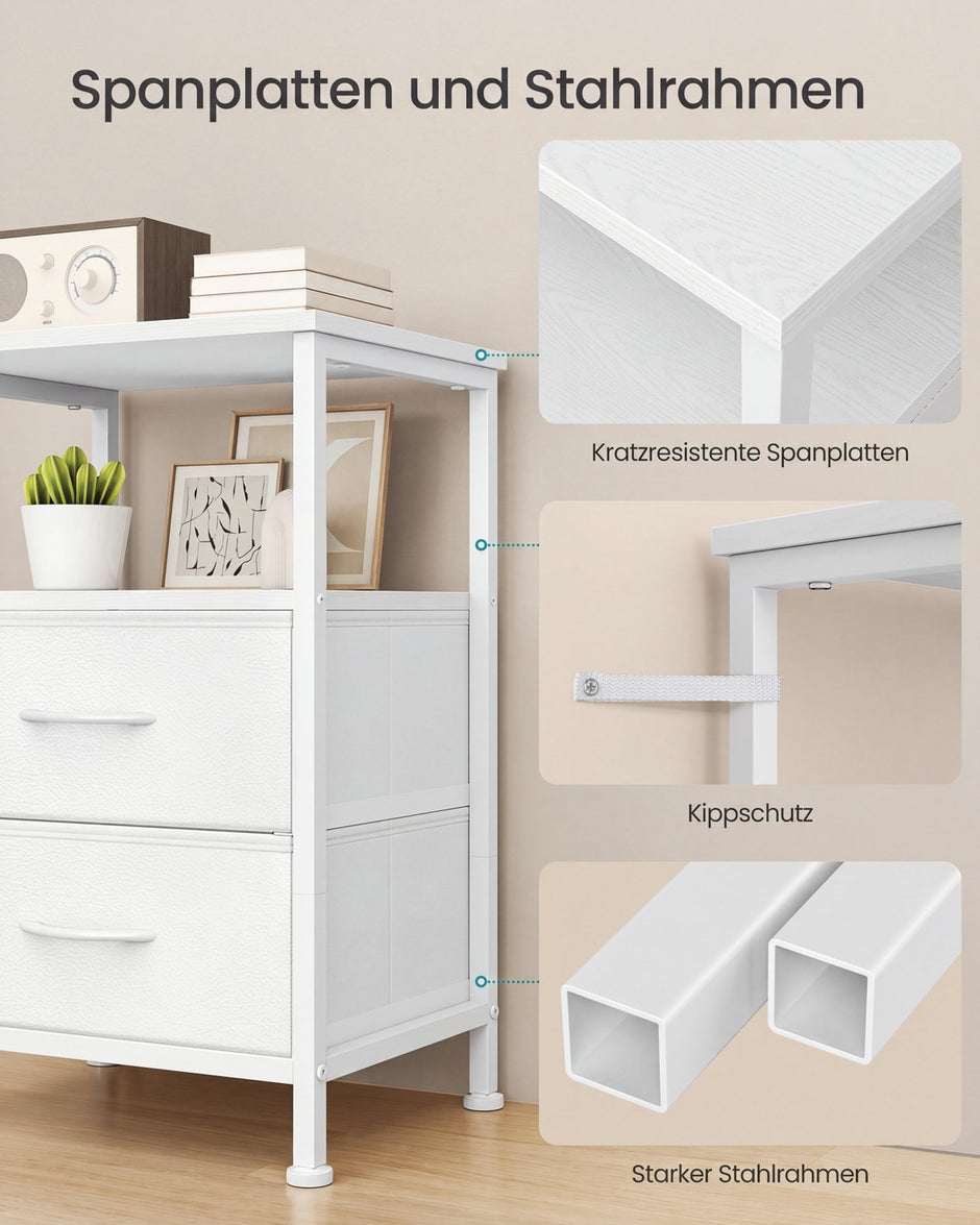 Nachtkastje – 2 Stoffen Lades en Open Plank – Stalen Frame – Wolkwit