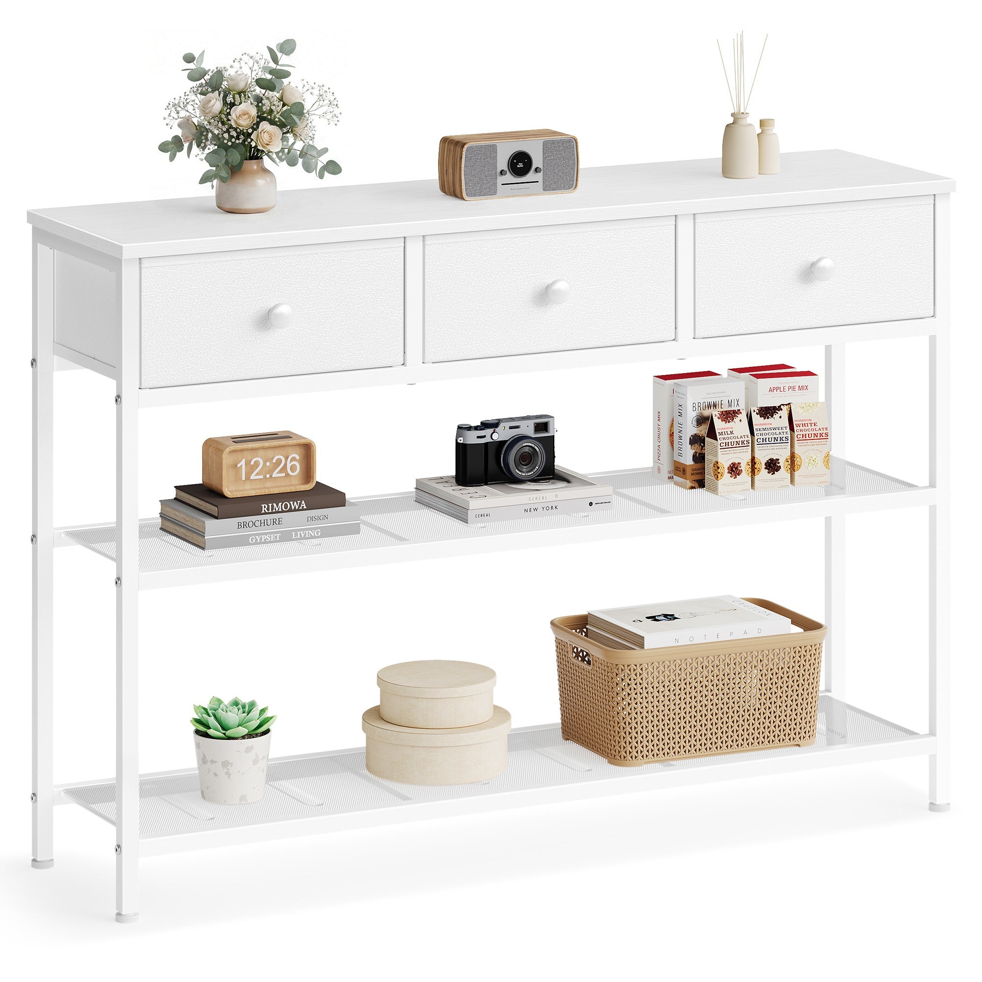 Consoletafel - 99 cm Breed - 3 Stoffen Lades - Smal - Wolkenwit