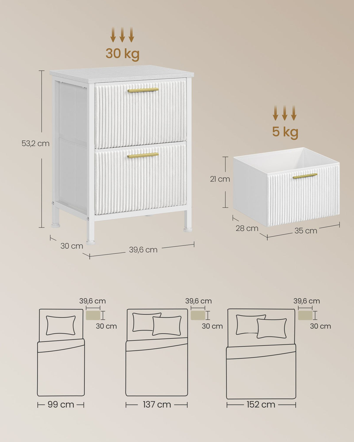 Nachtkastjes – Set van 2 – 2 Lades – Stalen Frame – Sneeuwwit