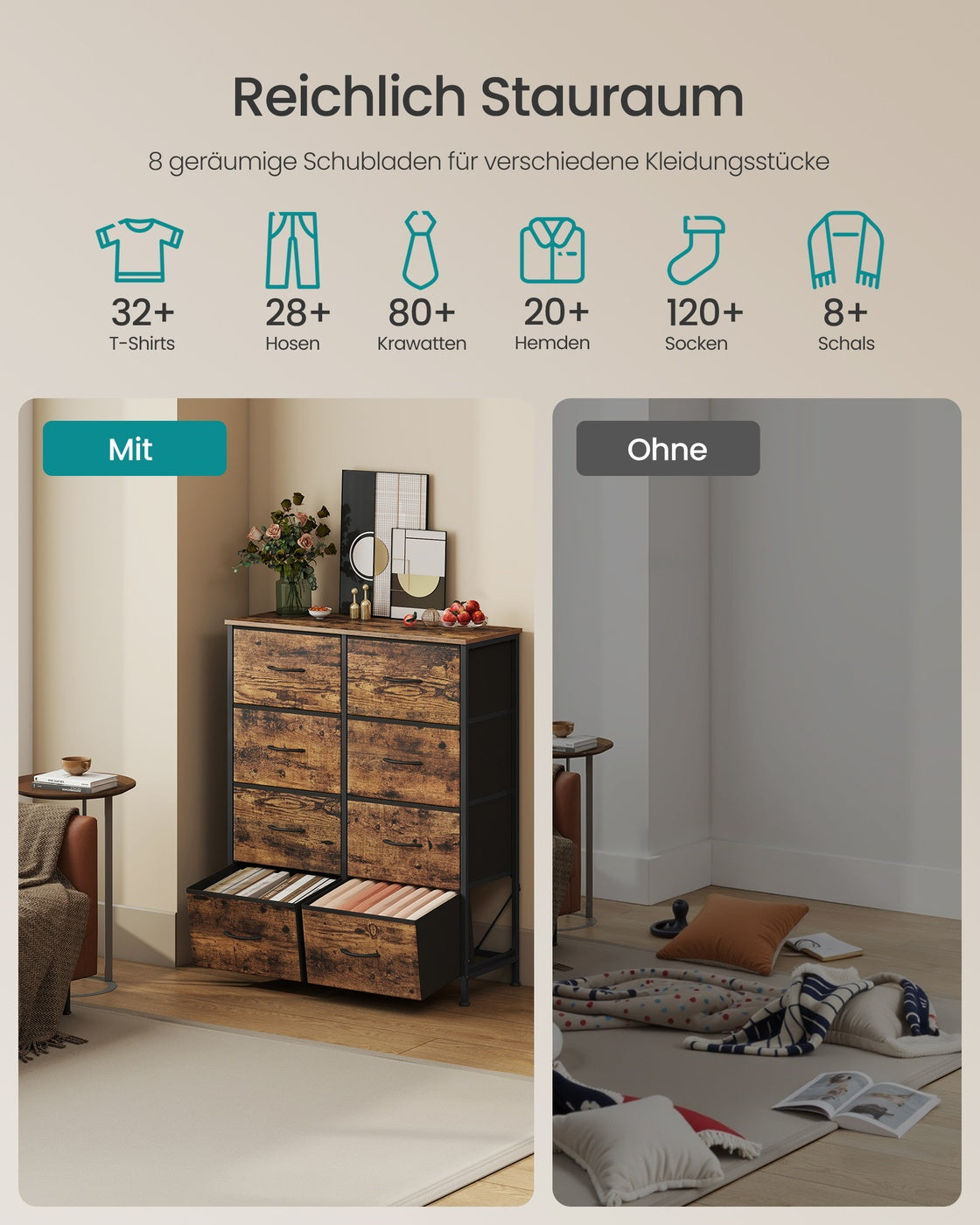 Byrå med 8 tyglådor - Vintage brun - Bläcksvart - Extra förvaringsutrymme