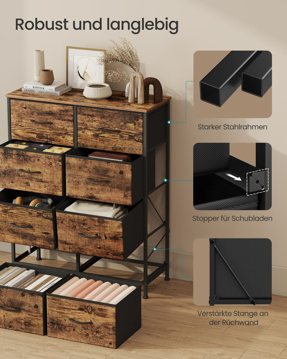 Byrå med 8 tyglådor - Vintage brun - Bläcksvart - Extra förvaringsutrymme