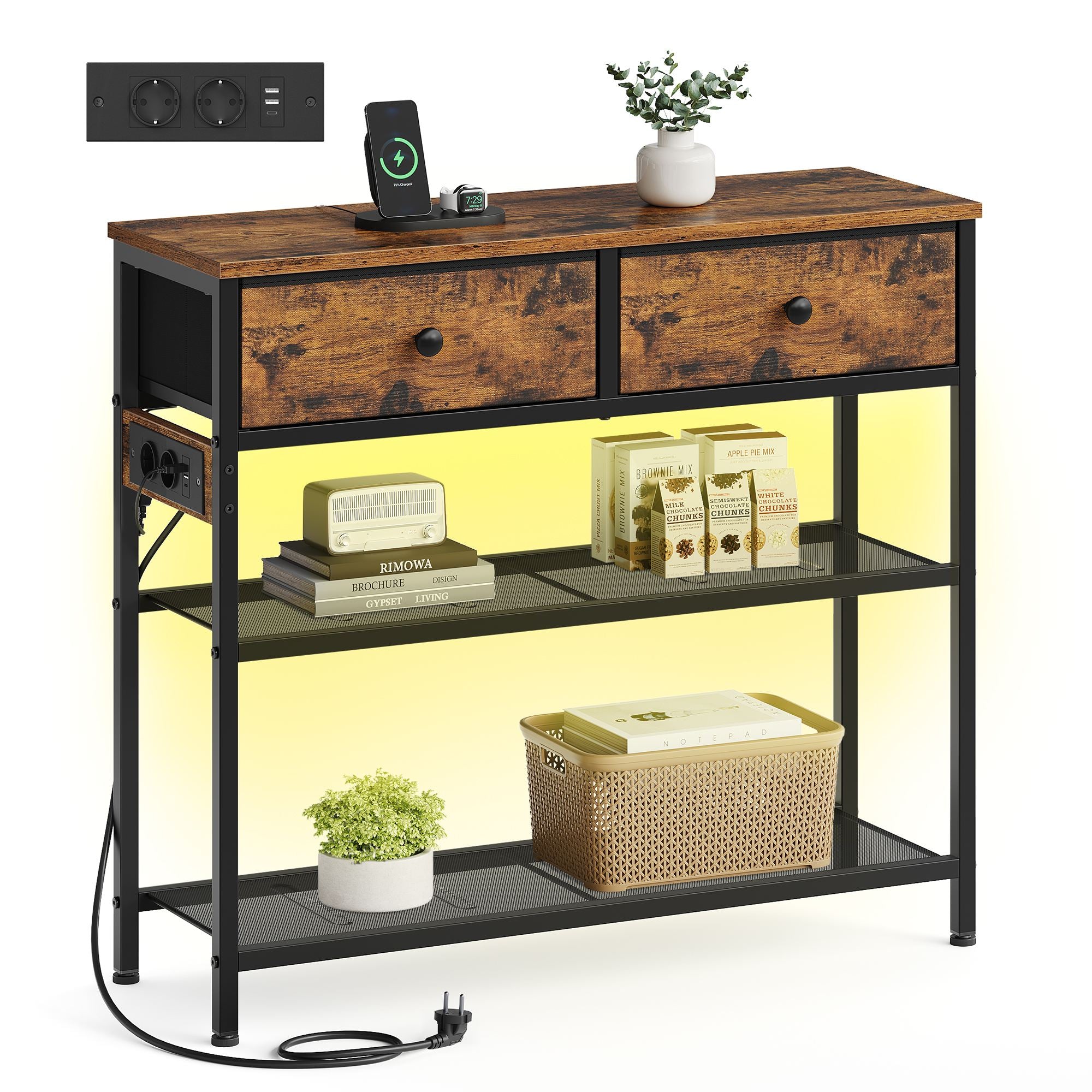 Consoletafel - 3 Laden - 2 Draadplanken - Vintage Bruin