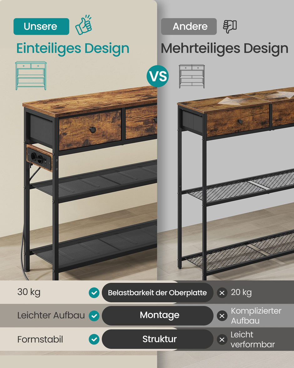 Consoletafel - 76,7 x 30 x 78,7 cm - 3 lades - vintage bruin - max belasting bovenpaneel 30 kg - max belasting draadplank 15 kg - max belasting lade 5 kg