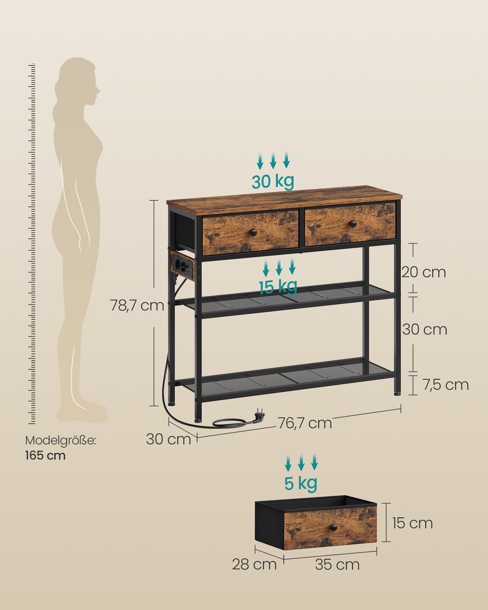Consoletafel - 3 Laden - 2 Draadplanken - Vintage Bruin