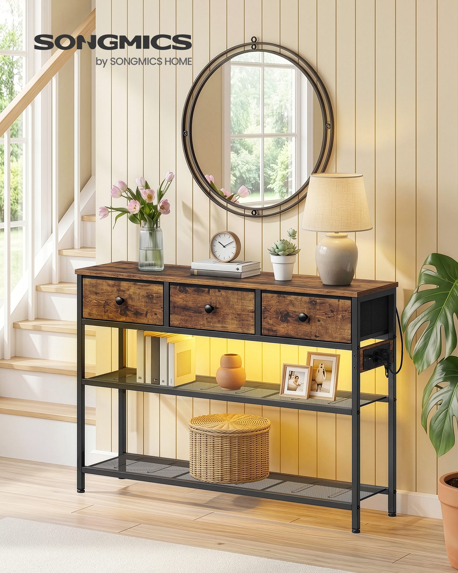 Consoletafel - 99 cm Breed - 3 Stoffen Lades - Smal - Vintage Bruin