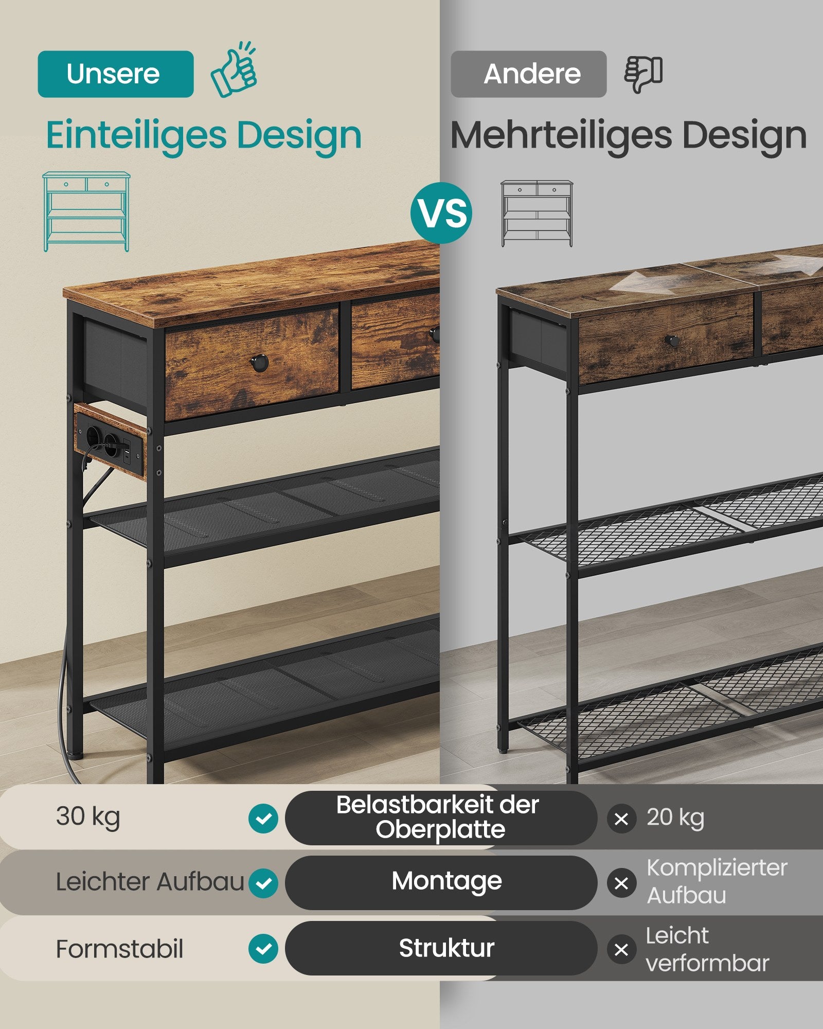 Consoletafel - 99 cm Breed - 3 Stoffen Lades - Smal - Vintage Bruin