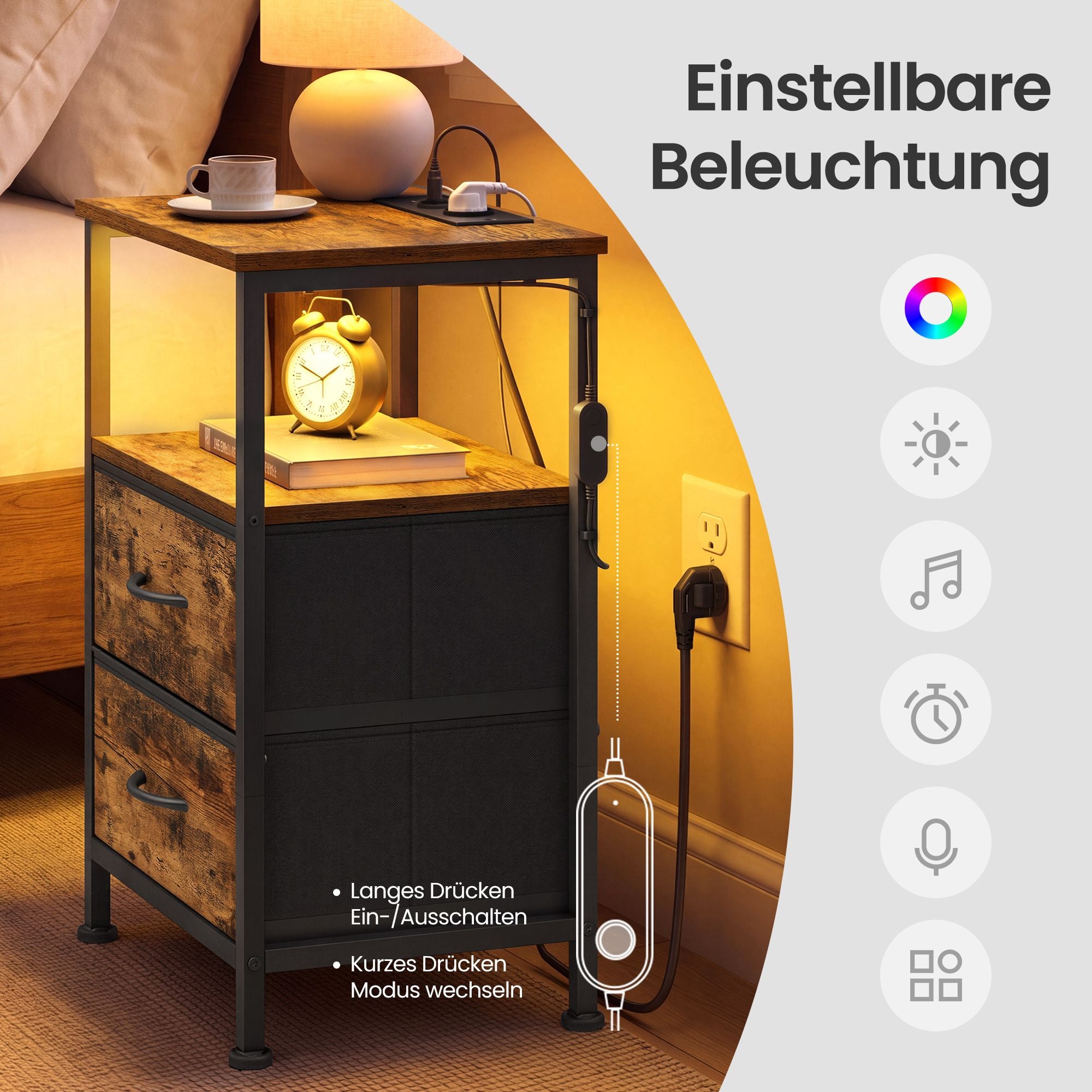 Nachtkastje - Set van 2 - Ledverlichting - 2 Lades - Bruin