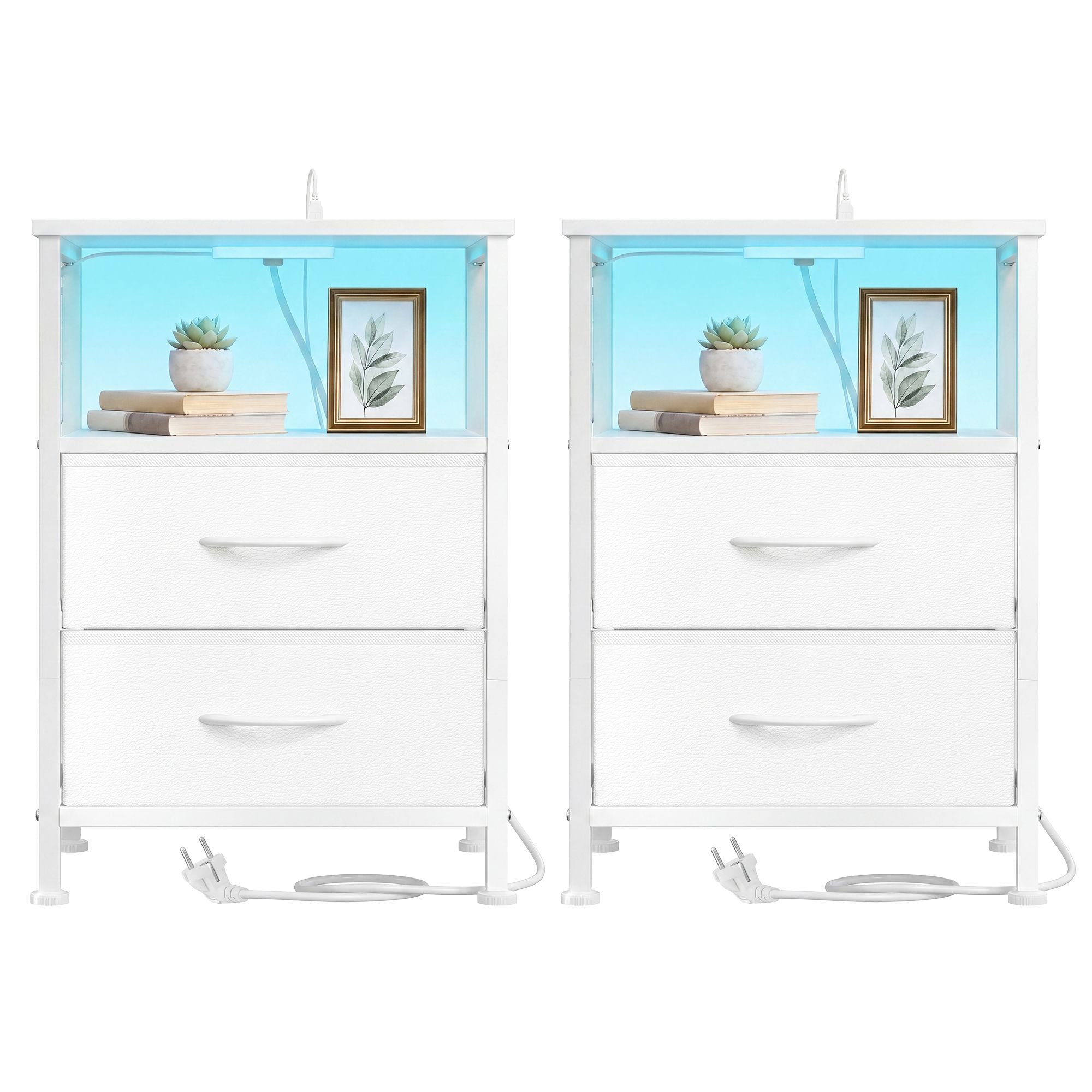 Nachtkastje - Set van 2 - Ledverlichting - Met Oplaadstation - Wit