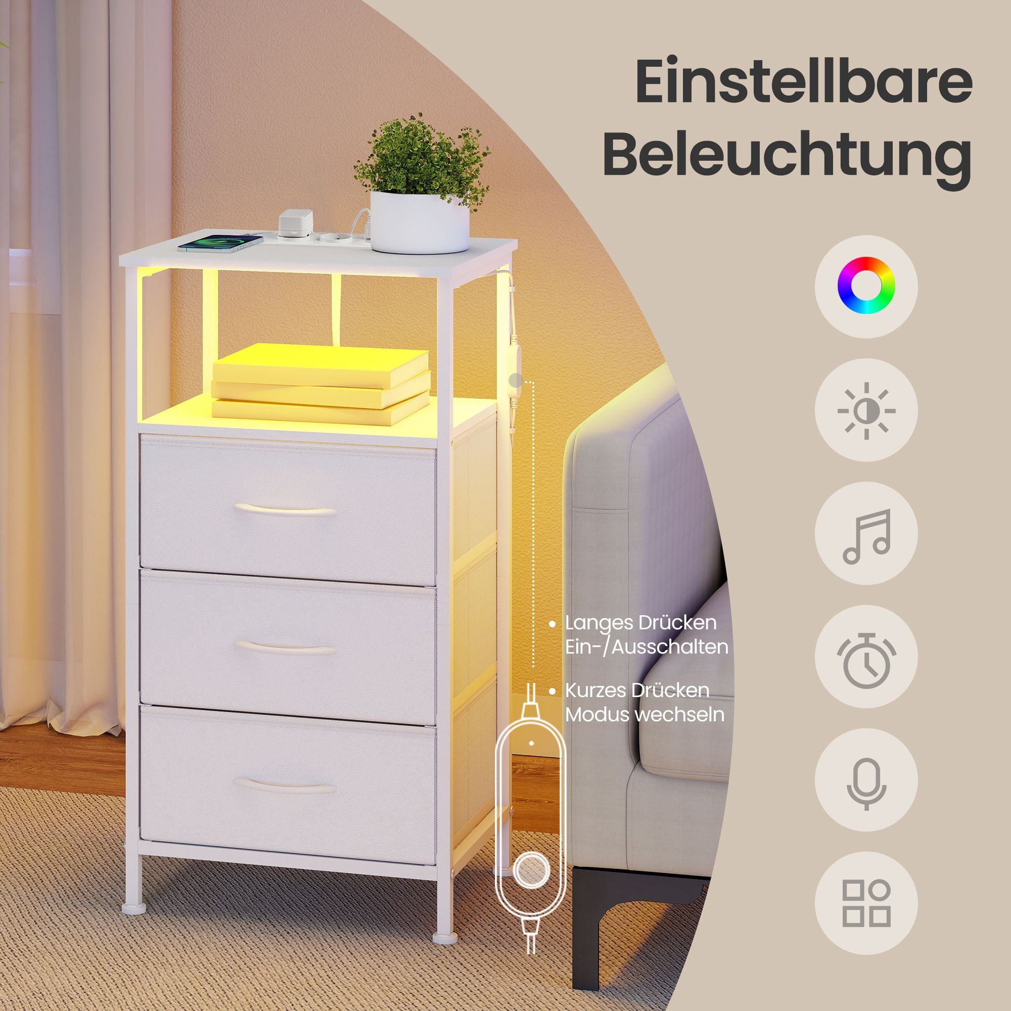 Nachtkastje - Set van 2 - Ledverlichting - 3 Lades - Wit