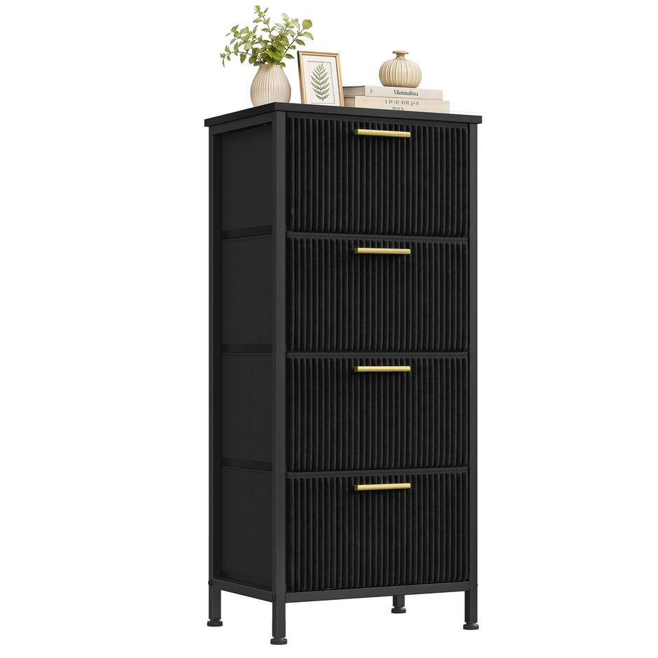 Smalle Ladekast – 4 Stoffen Lades – Stalen Frame – 96 cm Hoog – Inktzwart
