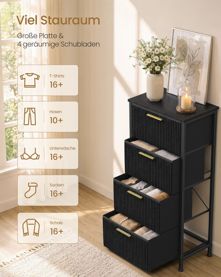 Smalle Ladekast – 4 Stoffen Lades – Stalen Frame – 96 cm Hoog – Inktzwart