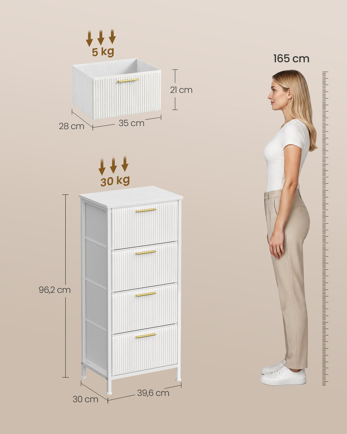 Smalle Ladekast – 4 Stoffen Lades – Stalen Frame – 96 cm Hoog – Sneeuwwit