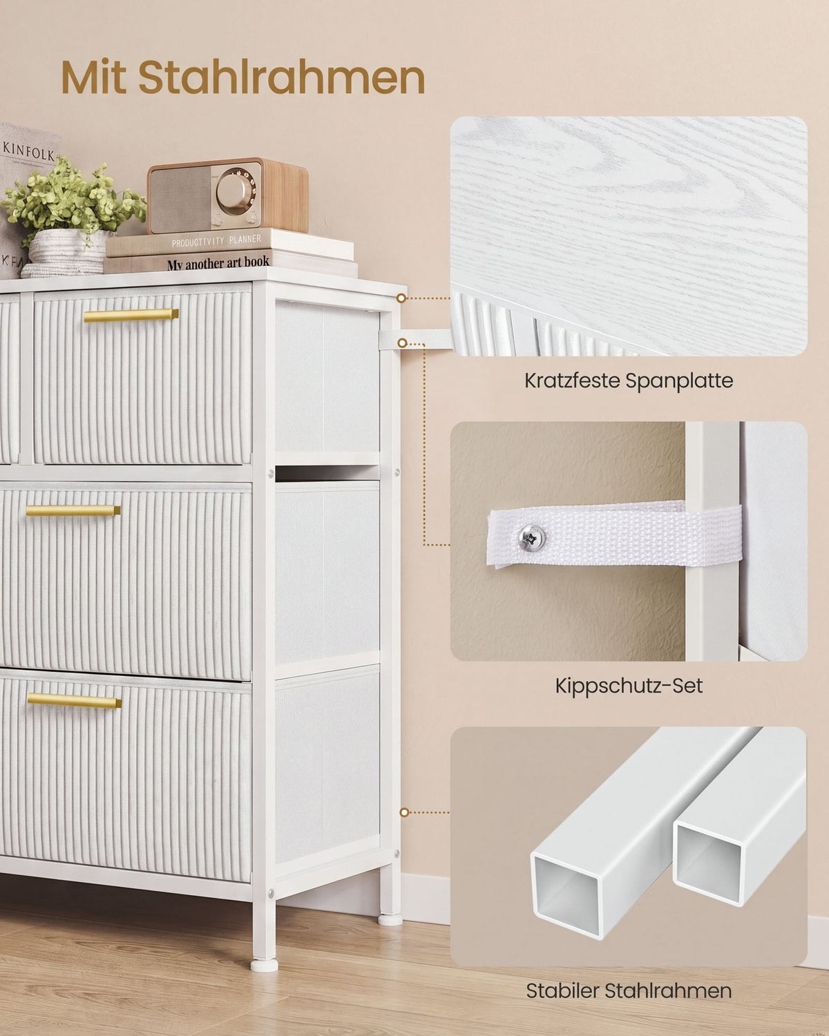 Ladekast – 7 Stoffen Lades – Stalen Frame – 98,7 cm Breed – Sneeuwwit