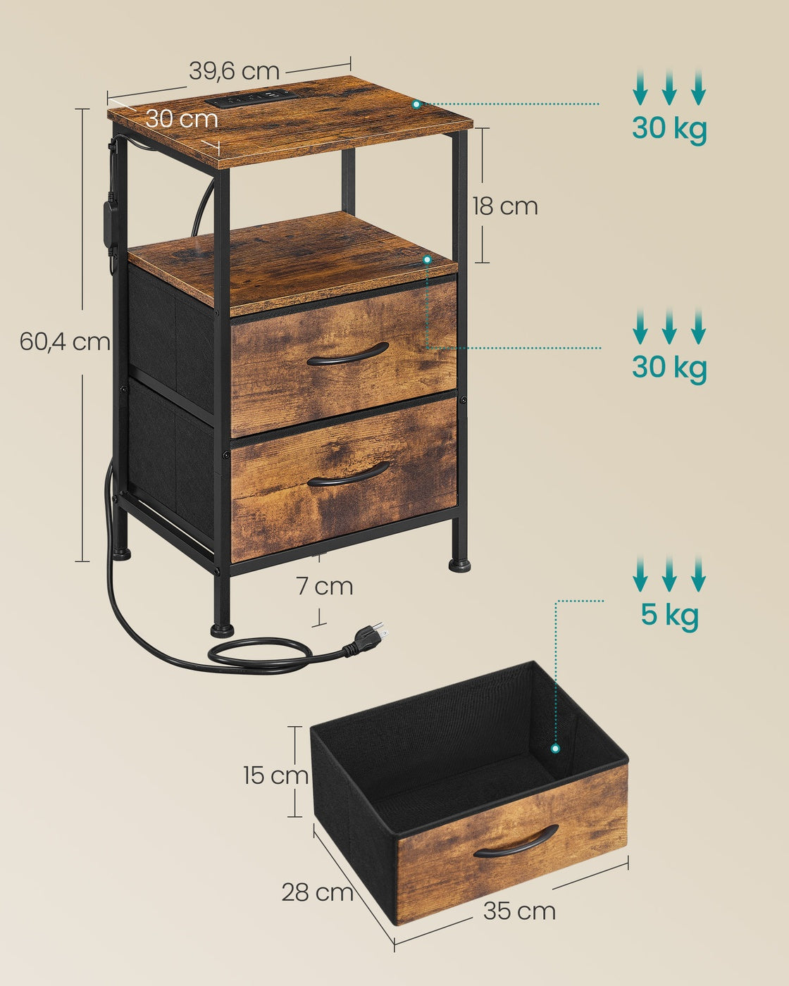 Nachtkastje - Ledverlichting - Met Oplaadstation - 2 Lades - Vintage Bruin-Zwart