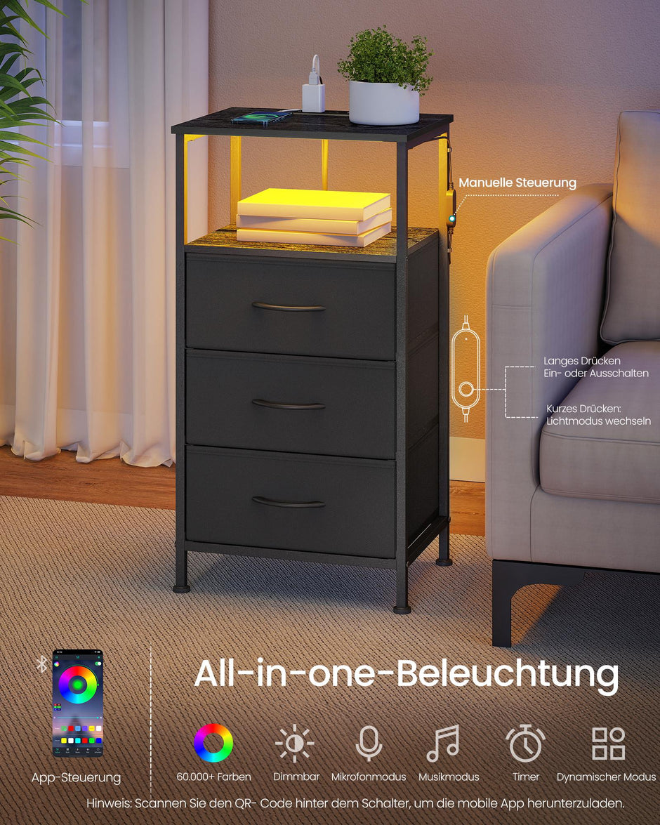 Nachtkastje - Ledverlichting - Met Oplaadstation - 3 Lades - Inktzwart