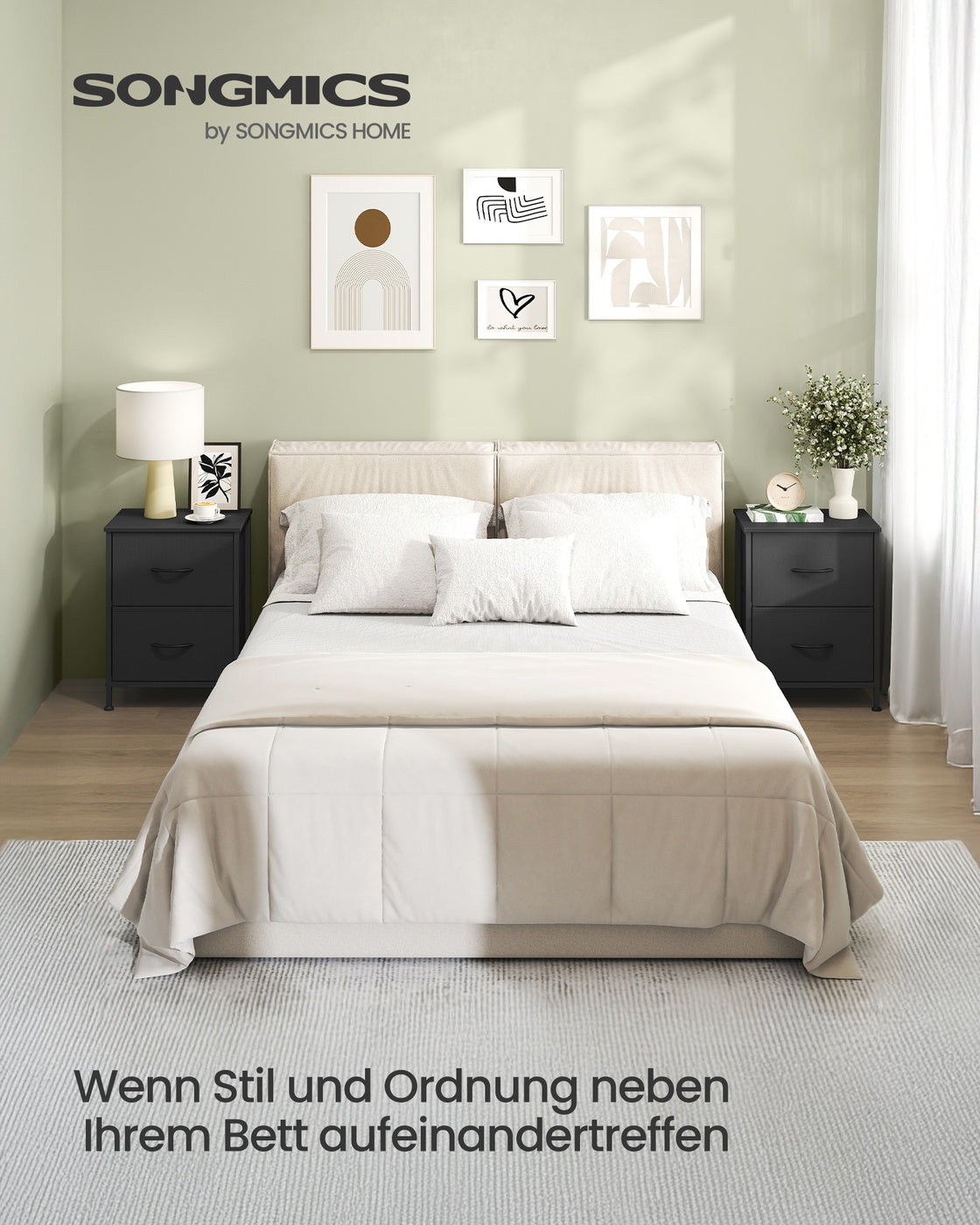 Sängbord 2 tyglådor - Bläcksvart - Ebenholtslook - Modern design