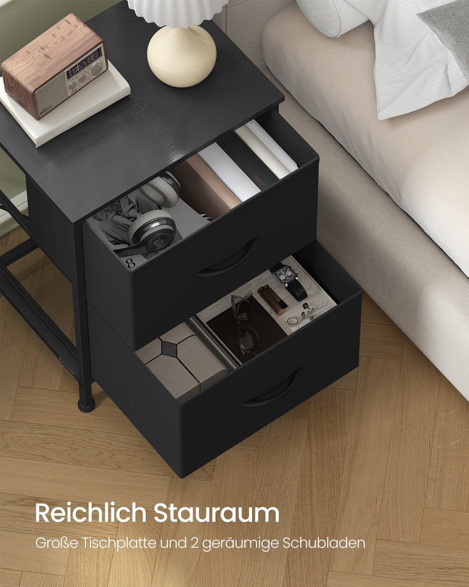 Sängbord 2 tyglådor - Bläcksvart - Ebenholtslook - Modern design