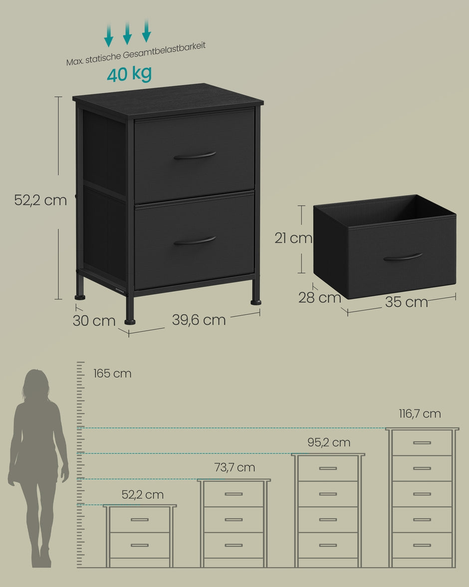 Sängbord 2 tyglådor - Bläcksvart - Ebenholtslook - Modern design