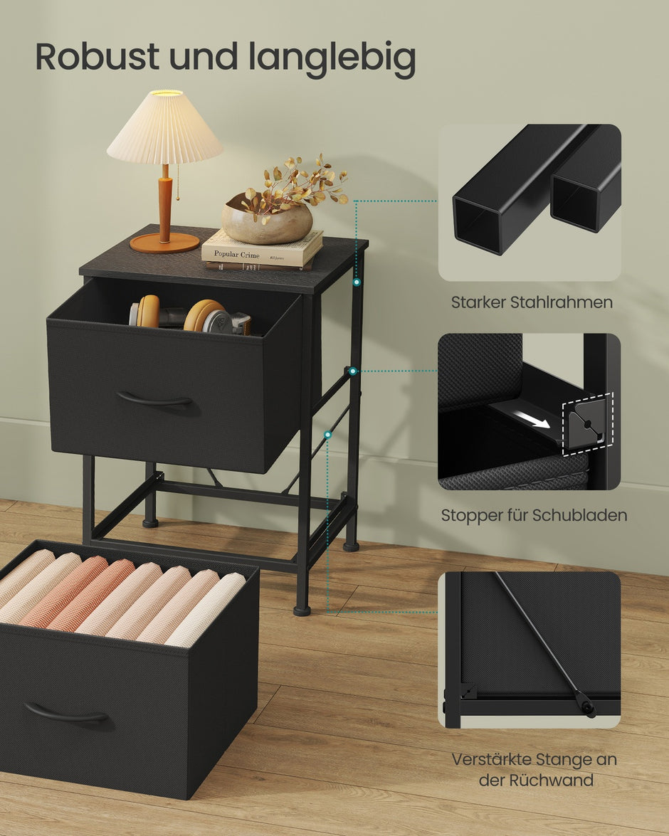Sängbord 2 tyglådor - Bläcksvart - Ebenholtslook - Modern design