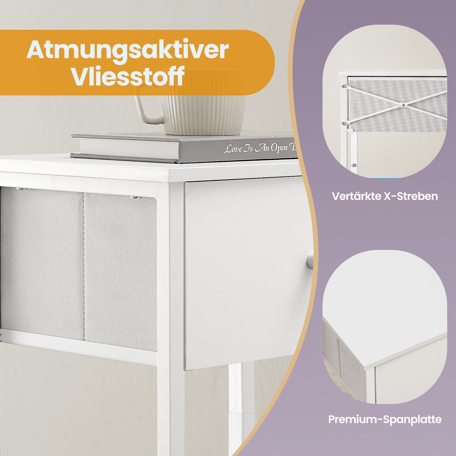 Sidobord, sängbord, med hylla och tyglådan