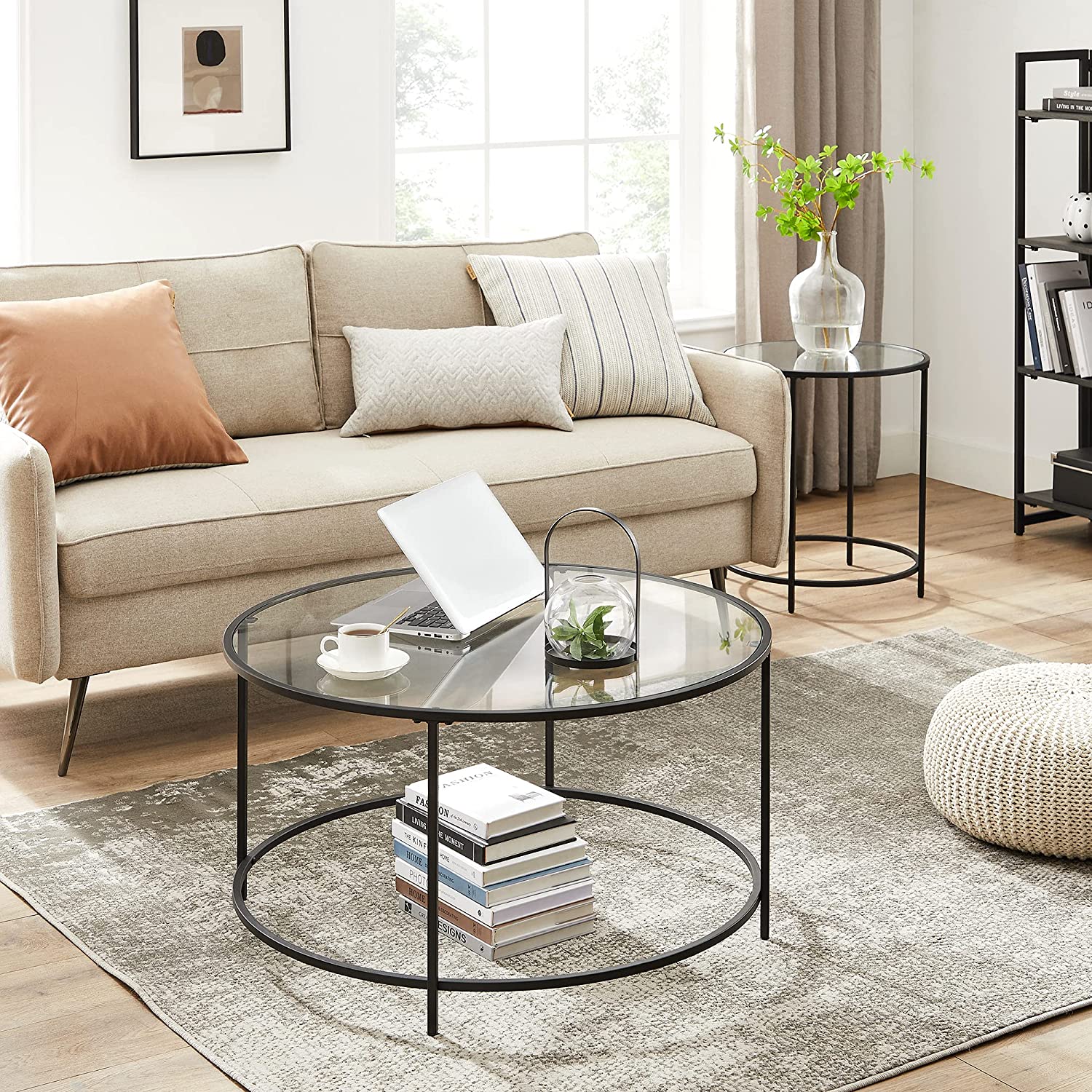 Soffbord - rund soffbord - sidobord med glas topp - svart